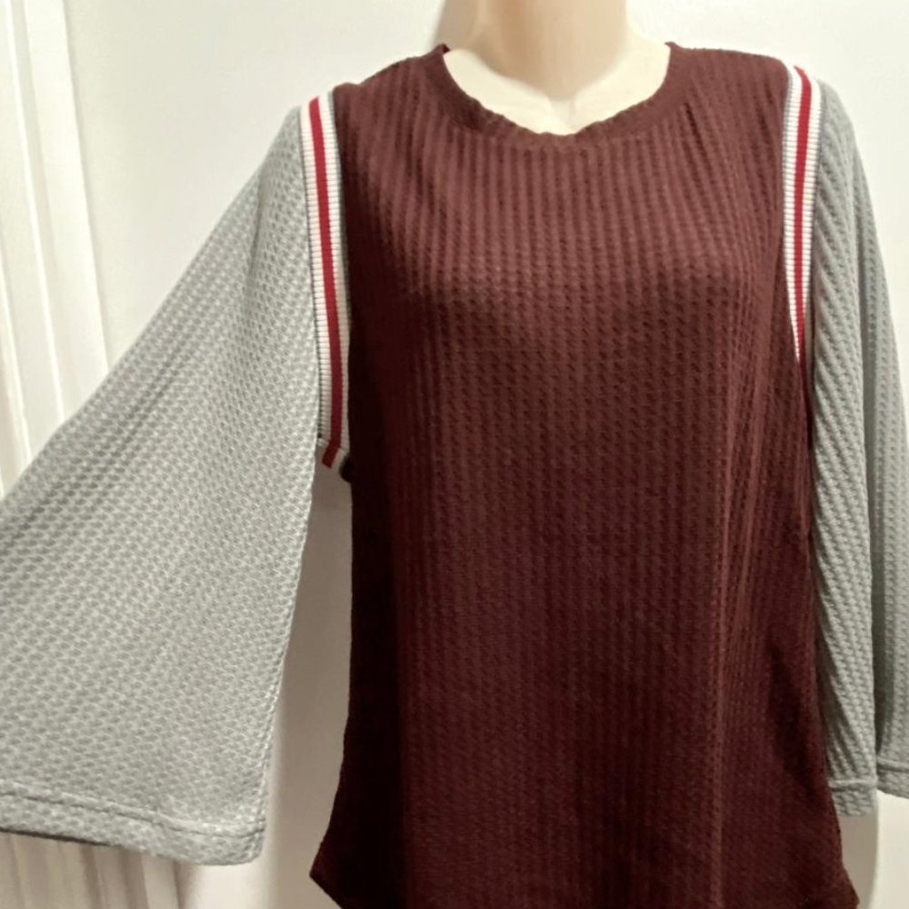 (6) Waffel Knit Stretch Cotton Bell Sleeve Y2K Boho Stripe Color Block …